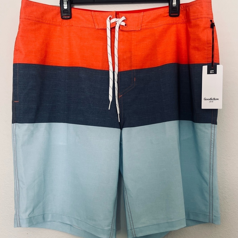 Goodfellow & Co Men's Tricolor Swim Board Shorts - Orange, Navy, Light Blue 38